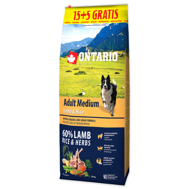 ONTARIO Dog Adult Medium Lamb & Rice 15+5 kg 20kg