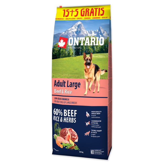 ONTARIO Dog Adult Large Beef & Rice 15+5 kg 20kg